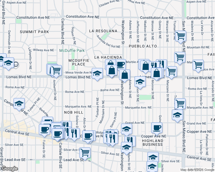 map of restaurants, bars, coffee shops, grocery stores, and more near 4200 Brockmont Avenue Northeast in Albuquerque