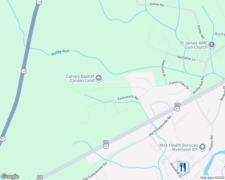 map of restaurants, bars, coffee shops, grocery stores, and more near 153-263 Canaan Lane in New Bern