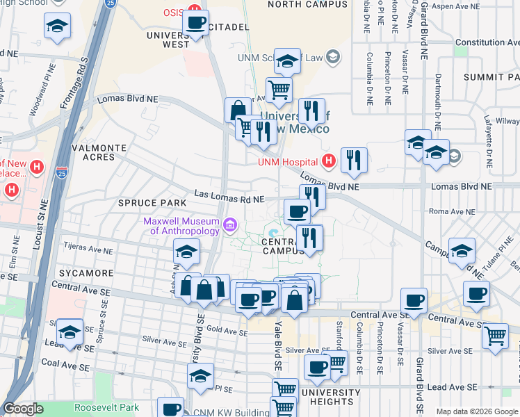 map of restaurants, bars, coffee shops, grocery stores, and more near 1 University Boulevard Northeast in Albuquerque