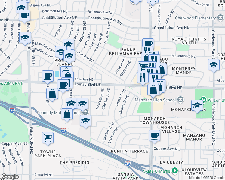 map of restaurants, bars, coffee shops, grocery stores, and more near 836 Claudine Street Northeast in Albuquerque