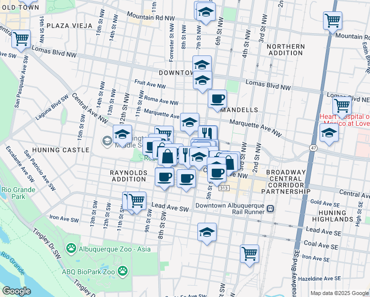 map of restaurants, bars, coffee shops, grocery stores, and more near 224 7th Street Northwest in Albuquerque