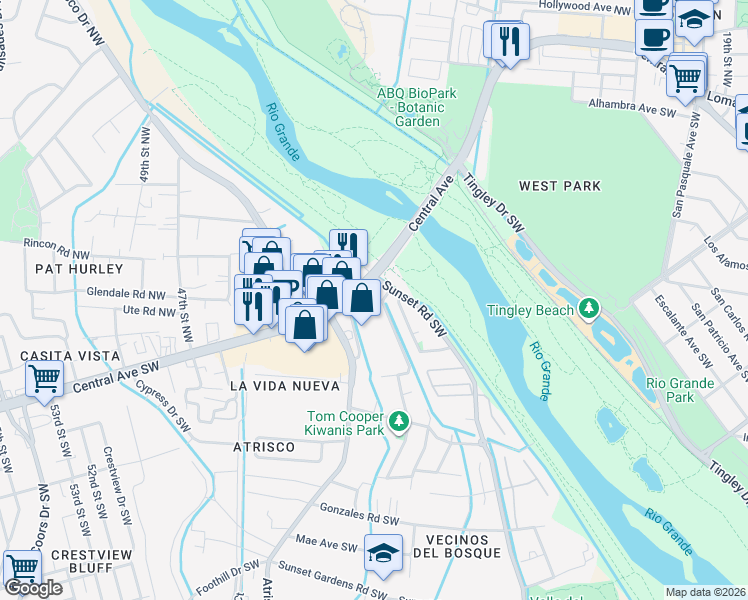 map of restaurants, bars, coffee shops, grocery stores, and more near 111 La Media Road Southwest in Albuquerque