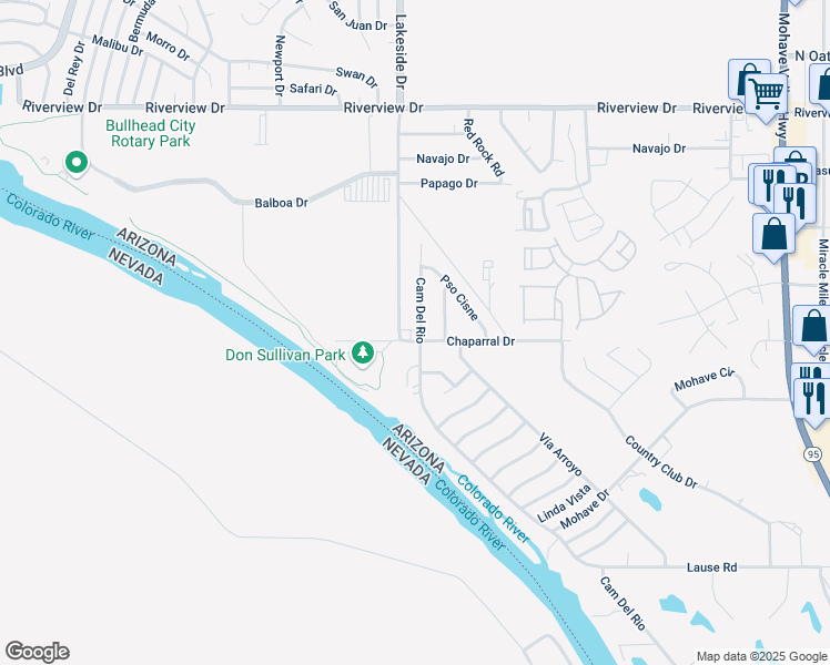 map of restaurants, bars, coffee shops, grocery stores, and more near 2492 Camino Del Rio in Bullhead City