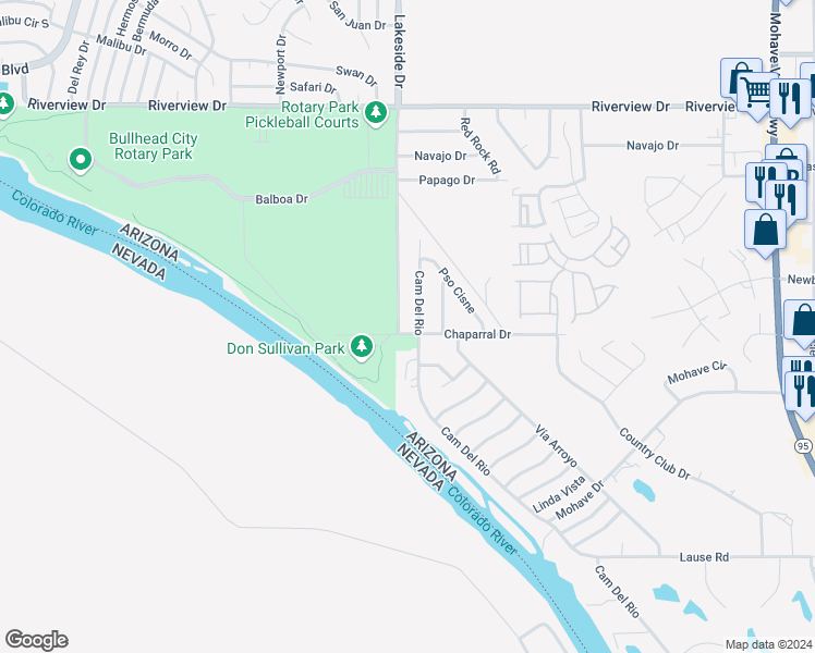 map of restaurants, bars, coffee shops, grocery stores, and more near 2492 Camino Del Rio in Bullhead City