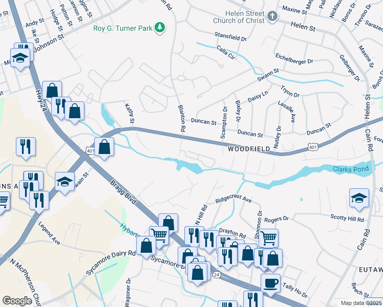 map of restaurants, bars, coffee shops, grocery stores, and more near 4201 Blanton Road in Fayetteville
