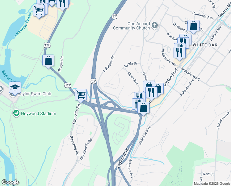 map of restaurants, bars, coffee shops, grocery stores, and more near 203 Lullwater Road in Chattanooga