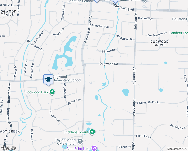 map of restaurants, bars, coffee shops, grocery stores, and more near 2300 Forest Hill Irene Road in Memphis