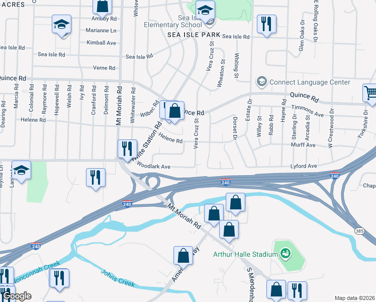 map of restaurants, bars, coffee shops, grocery stores, and more near 5141 Whiteway Drive in Memphis