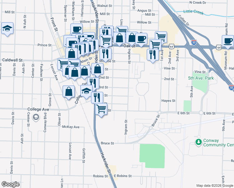 map of restaurants, bars, coffee shops, grocery stores, and more near 512 Factory Street in Conway