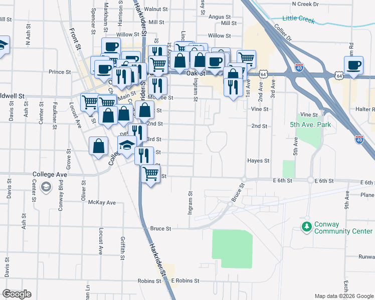 map of restaurants, bars, coffee shops, grocery stores, and more near 512 4th Street in Conway