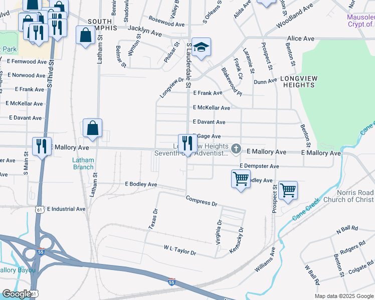 map of restaurants, bars, coffee shops, grocery stores, and more near S Lauderdale St & E Mallory Ave in Memphis