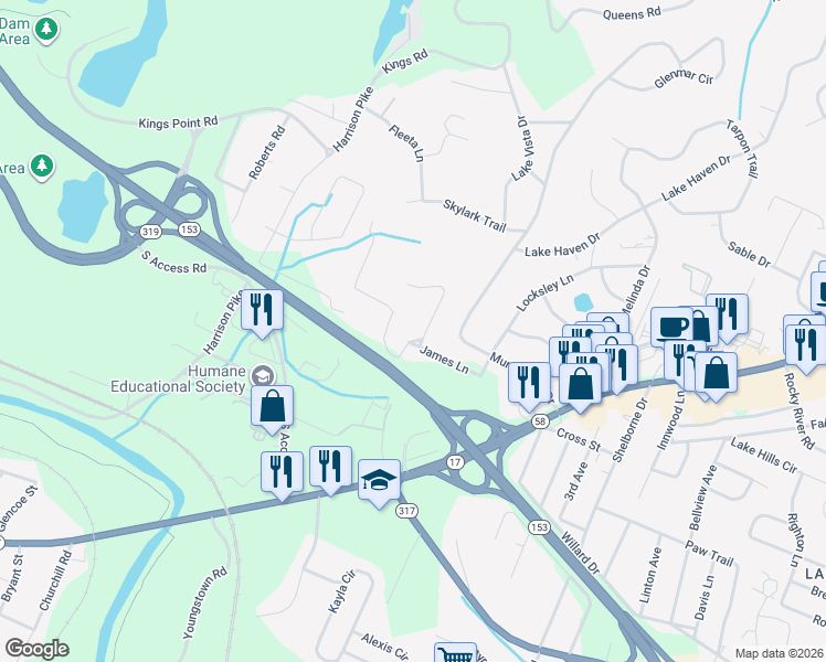 map of restaurants, bars, coffee shops, grocery stores, and more near 4409 James Drive in Chattanooga