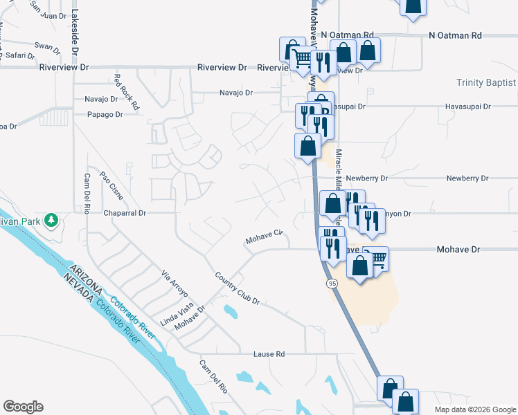 map of restaurants, bars, coffee shops, grocery stores, and more near 2367 Hummingbird Lane in Bullhead City