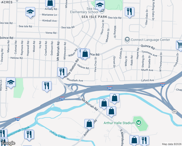 map of restaurants, bars, coffee shops, grocery stores, and more near 5141 Whiteway Drive in Memphis