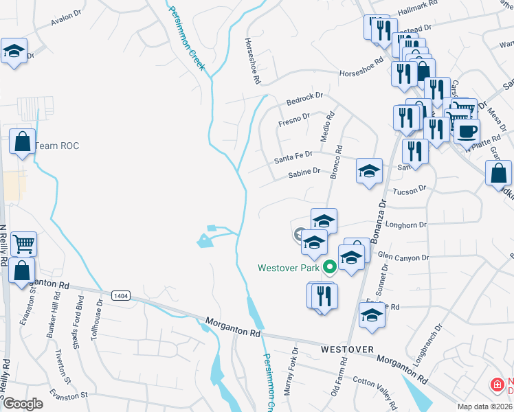 map of restaurants, bars, coffee shops, grocery stores, and more near 6154 Lonestar Road in Fayetteville