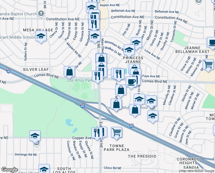 map of restaurants, bars, coffee shops, grocery stores, and more near 10321 Hotel Avenue Northeast in Albuquerque
