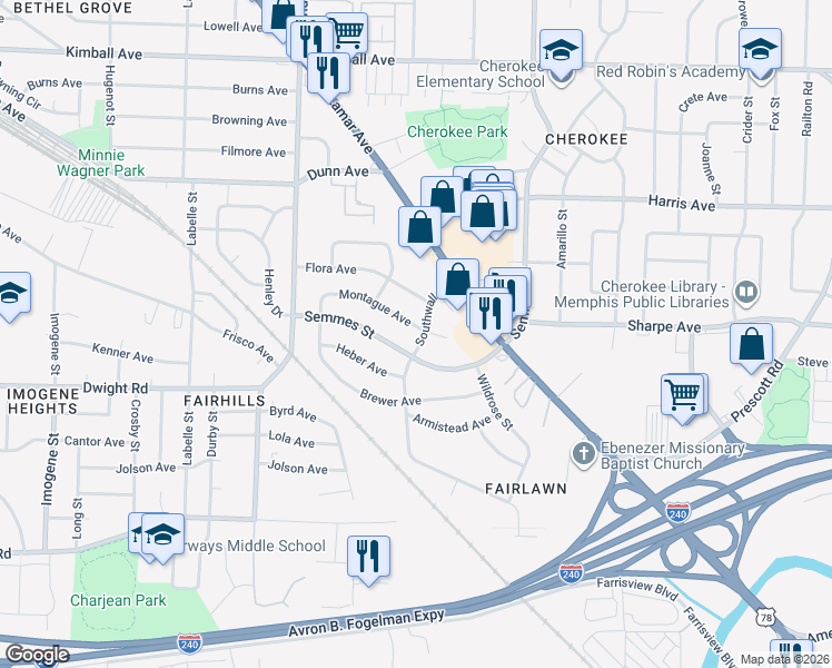map of restaurants, bars, coffee shops, grocery stores, and more near 2909 Montague Avenue in Memphis