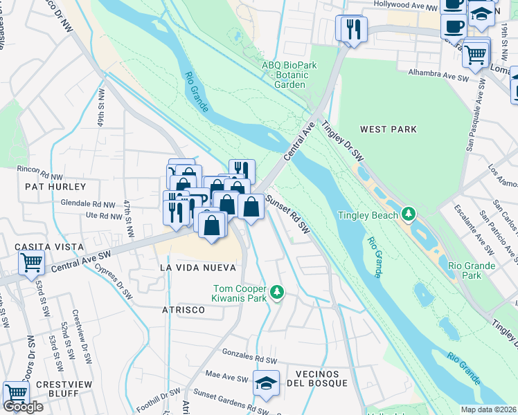 map of restaurants, bars, coffee shops, grocery stores, and more near 111 La Media Road Southwest in Albuquerque