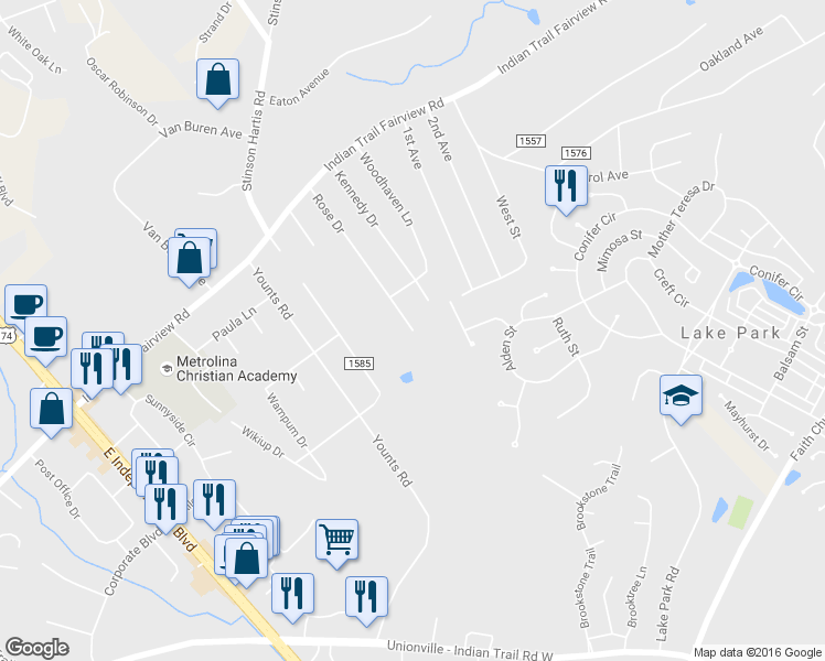 map of restaurants, bars, coffee shops, grocery stores, and more near 6601 Rose Drive in Indian Trail