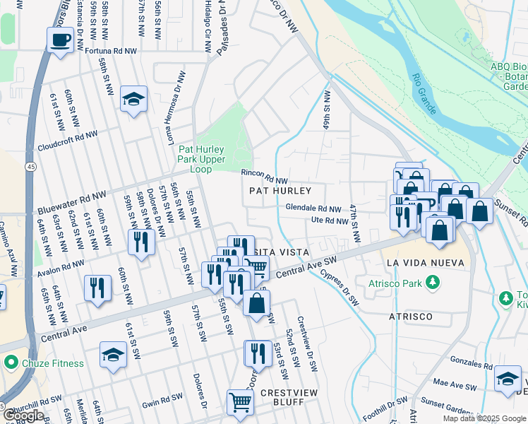 map of restaurants, bars, coffee shops, grocery stores, and more near 5100 Glendale Road Northwest in Albuquerque