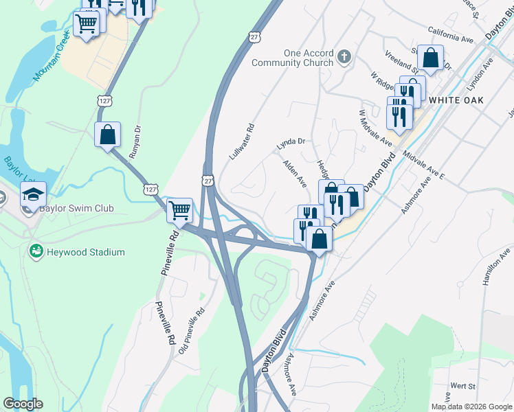 map of restaurants, bars, coffee shops, grocery stores, and more near 203 Lullwater Road in Chattanooga