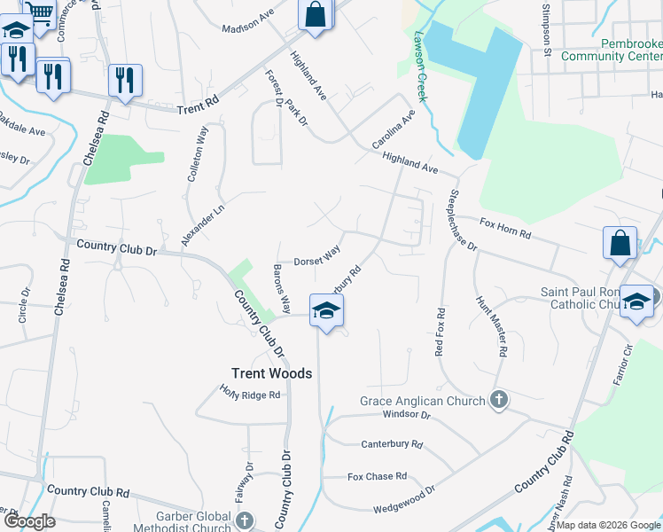 map of restaurants, bars, coffee shops, grocery stores, and more near 914 Dorset Way in Trent Woods