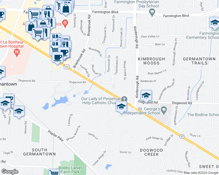 map of restaurants, bars, coffee shops, grocery stores, and more near 8071 Dogwood Road in Germantown