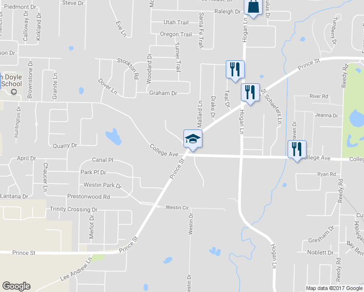 map of restaurants, bars, coffee shops, grocery stores, and more near 505 Audubon Place in Conway