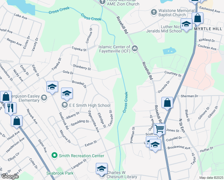 map of restaurants, bars, coffee shops, grocery stores, and more near 1804 Olympia Court in Fayetteville