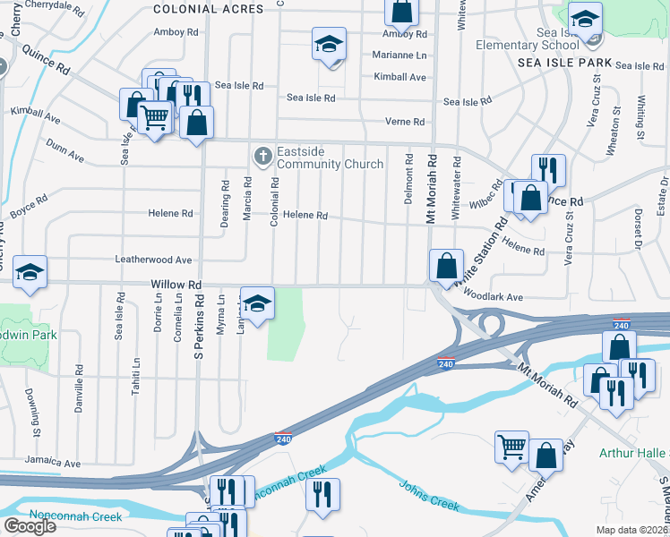 map of restaurants, bars, coffee shops, grocery stores, and more near 1656 Hopewell Road in Memphis