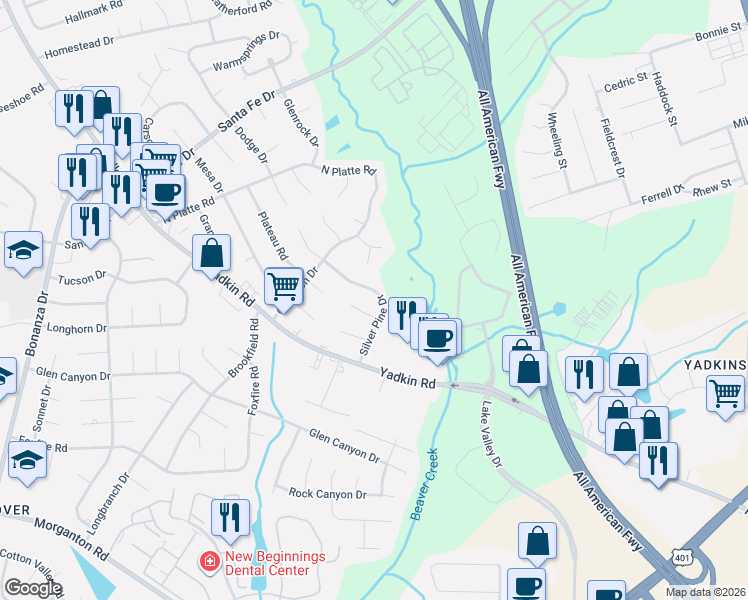 map of restaurants, bars, coffee shops, grocery stores, and more near 5343 Silver Pine Drive in Fayetteville