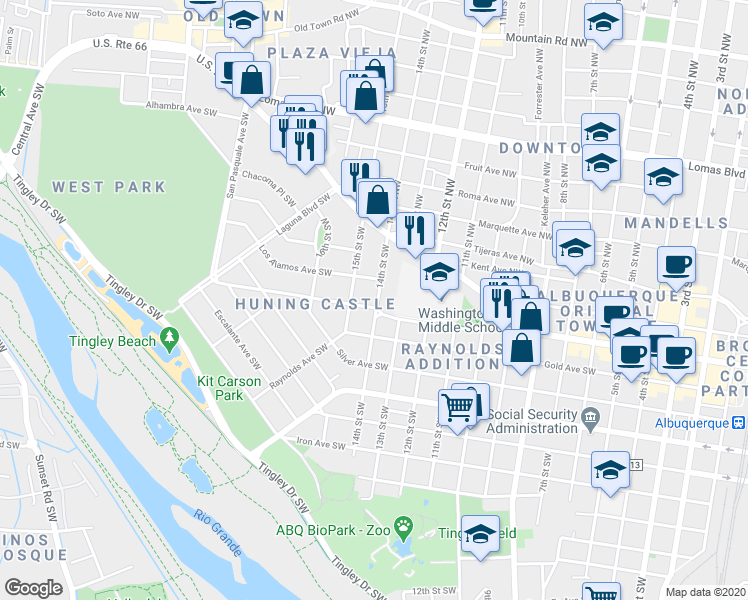 map of restaurants, bars, coffee shops, grocery stores, and more near 223 14th Street Southwest in Albuquerque