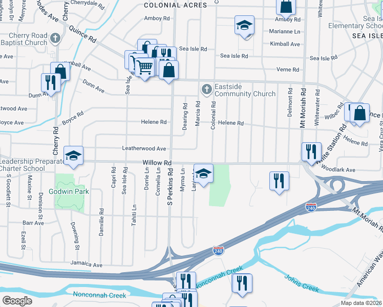 map of restaurants, bars, coffee shops, grocery stores, and more near 4699 Leatherwood Avenue in Memphis