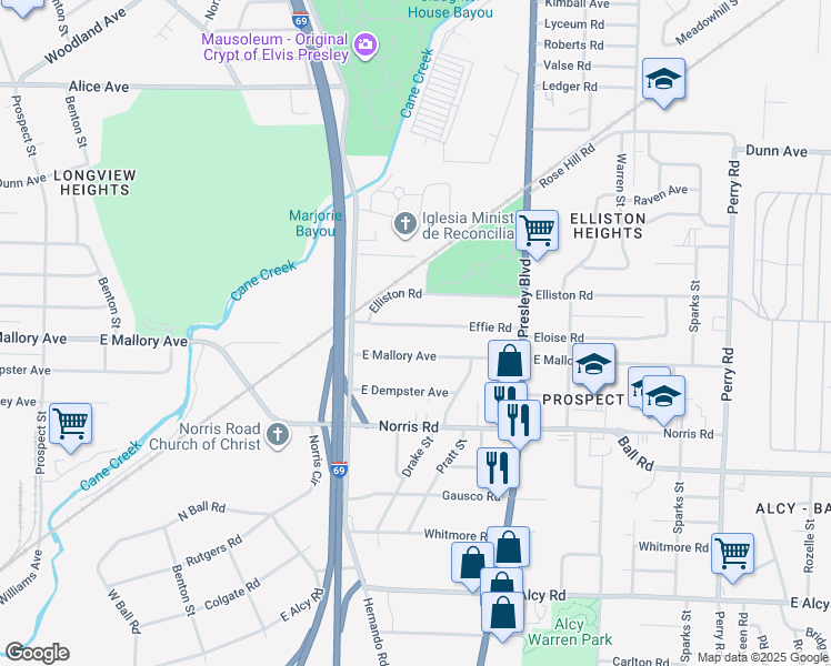 map of restaurants, bars, coffee shops, grocery stores, and more near 1211 Effie Road in Memphis