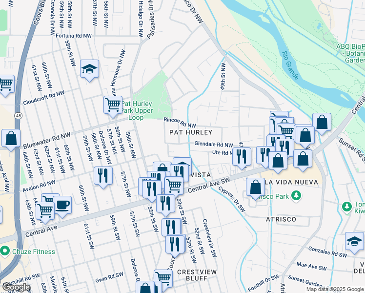 map of restaurants, bars, coffee shops, grocery stores, and more near 5100 Glendale Road Northwest in Albuquerque