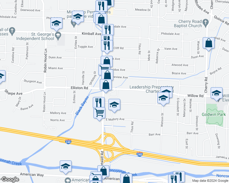 map of restaurants, bars, coffee shops, grocery stores, and more near 3990 Willow Cove in Memphis