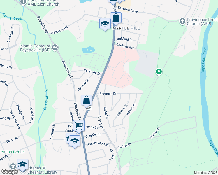 map of restaurants, bars, coffee shops, grocery stores, and more near 206 Facility Drive in Fayetteville