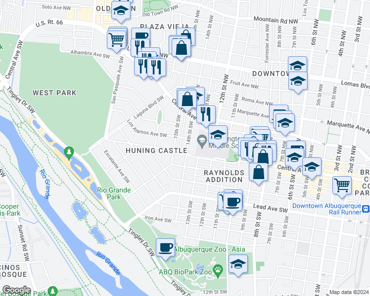 map of restaurants, bars, coffee shops, grocery stores, and more near 223 14th Street Southwest in Albuquerque