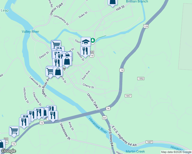 map of restaurants, bars, coffee shops, grocery stores, and more near 78 Bayless Street in Murphy