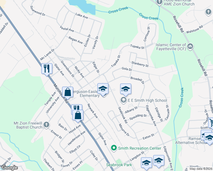 map of restaurants, bars, coffee shops, grocery stores, and more near 1911 Seabrook Road in Fayetteville