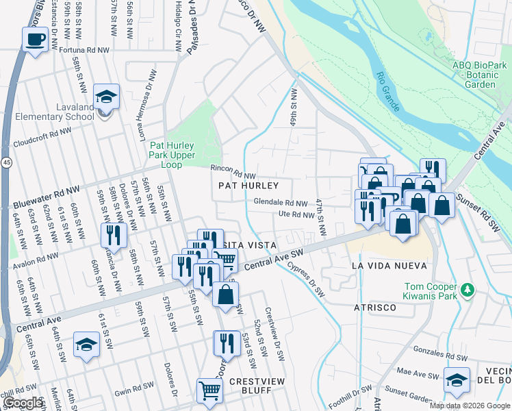 map of restaurants, bars, coffee shops, grocery stores, and more near 5016 Glendale Road Northwest in Albuquerque