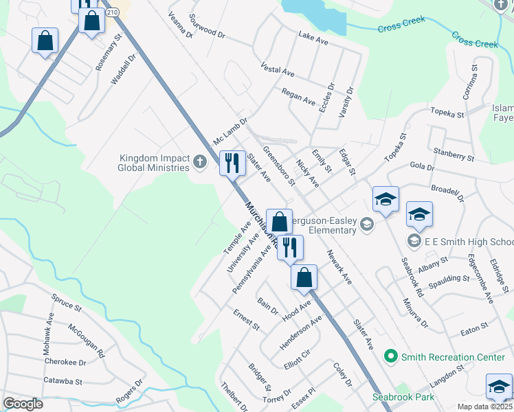 map of restaurants, bars, coffee shops, grocery stores, and more near 2304 Murchison Road in Fayetteville