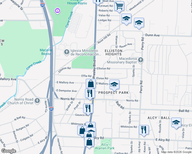 map of restaurants, bars, coffee shops, grocery stores, and more near 1348 Eloise Road in Memphis