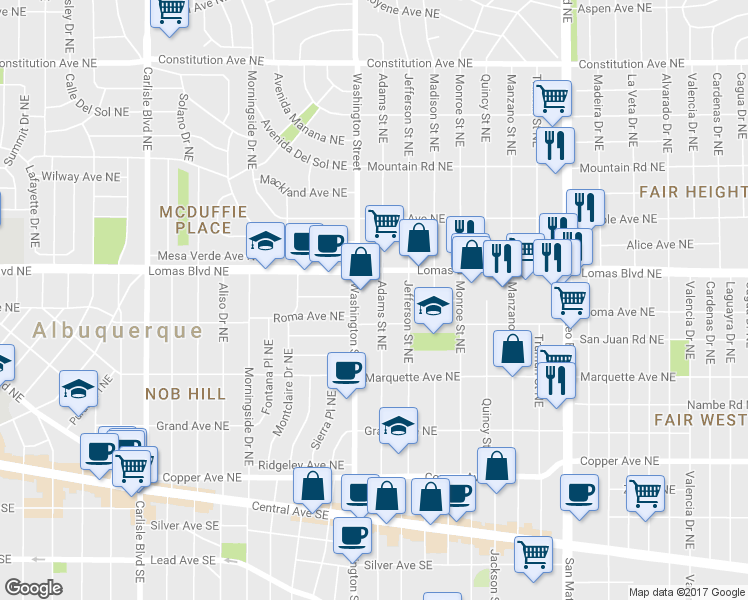 map of restaurants, bars, coffee shops, grocery stores, and more near 521 Adams Street Northeast in Albuquerque