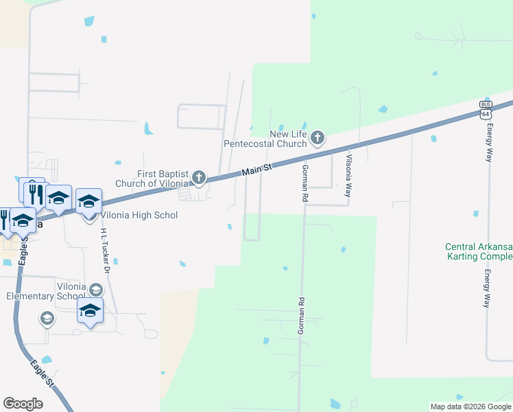 map of restaurants, bars, coffee shops, grocery stores, and more near 63 Whispering Wind Circle in Vilonia