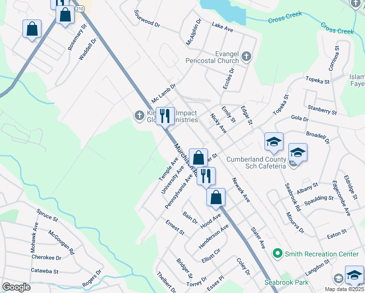 map of restaurants, bars, coffee shops, grocery stores, and more near 2304 Murchison Road in Fayetteville