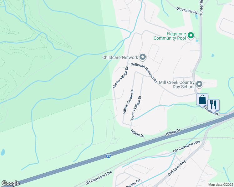 map of restaurants, bars, coffee shops, grocery stores, and more near 5306 Hunter Village Drive in Ooltewah