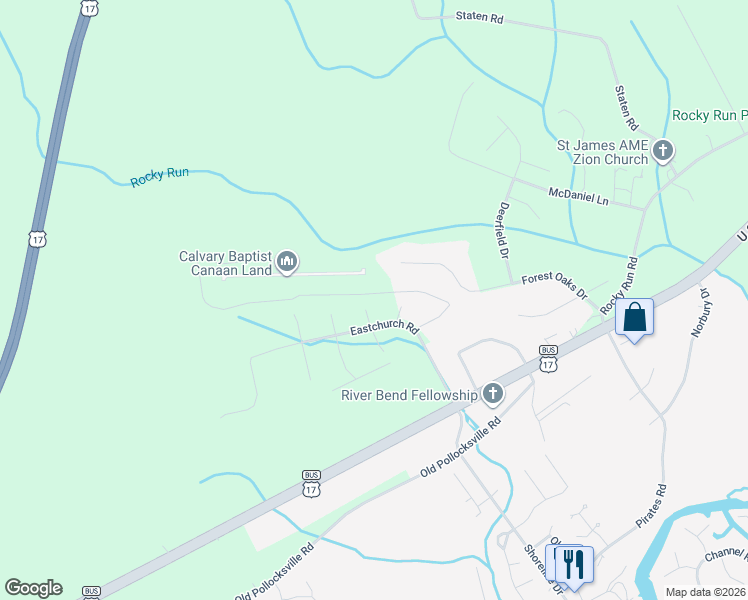 map of restaurants, bars, coffee shops, grocery stores, and more near 153-263 Canaan Ln in New Bern