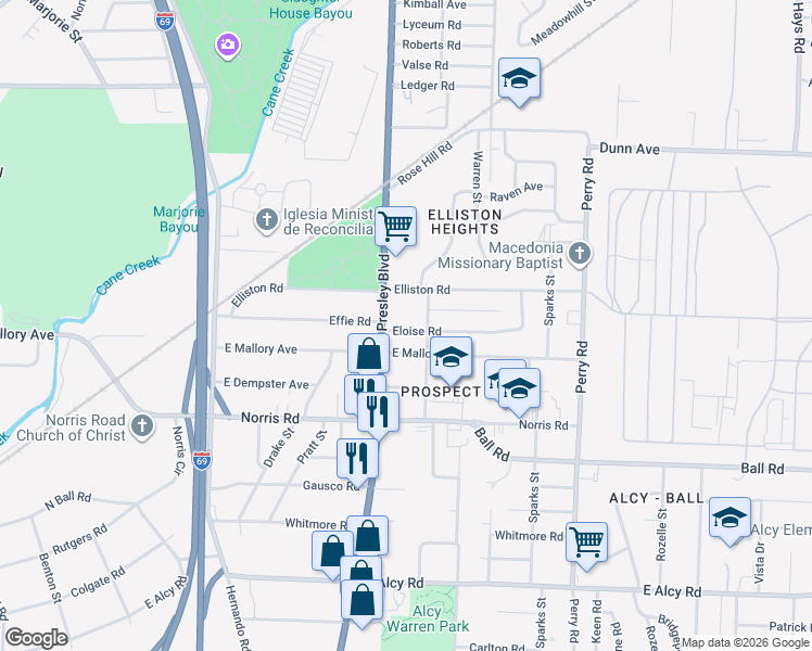 map of restaurants, bars, coffee shops, grocery stores, and more near 1348 Eloise Road in Memphis
