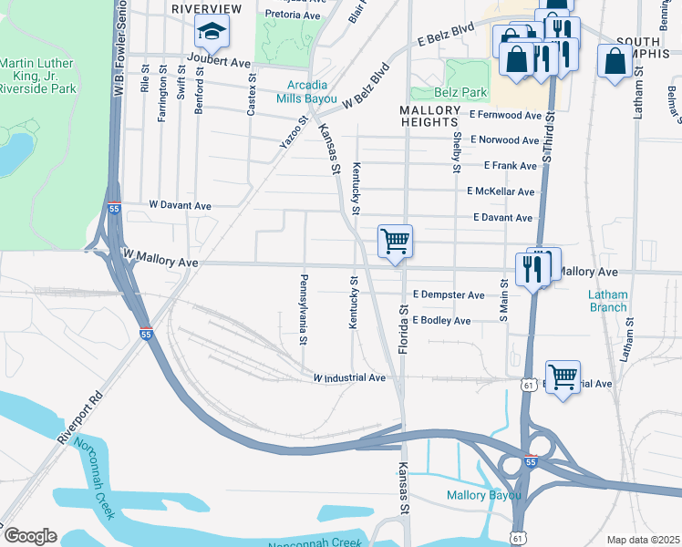 map of restaurants, bars, coffee shops, grocery stores, and more near 95 West Mallory Avenue in Memphis